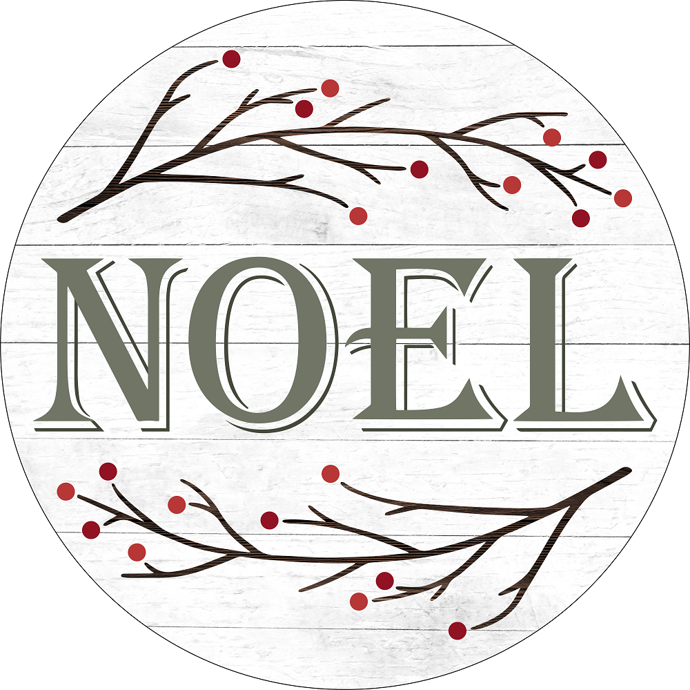 Print Shop Round MDF Cutout Noel With Branches And Berries