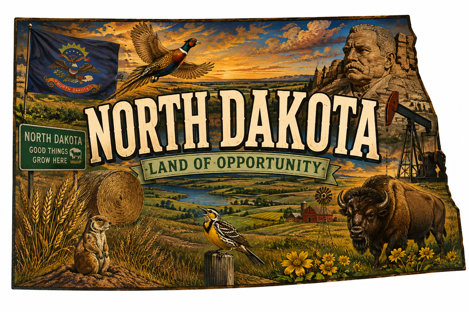 Print Ready North Dakota Door Hanger – North Dakota State Landmark Scene – Full Color MDF Front Door Decor