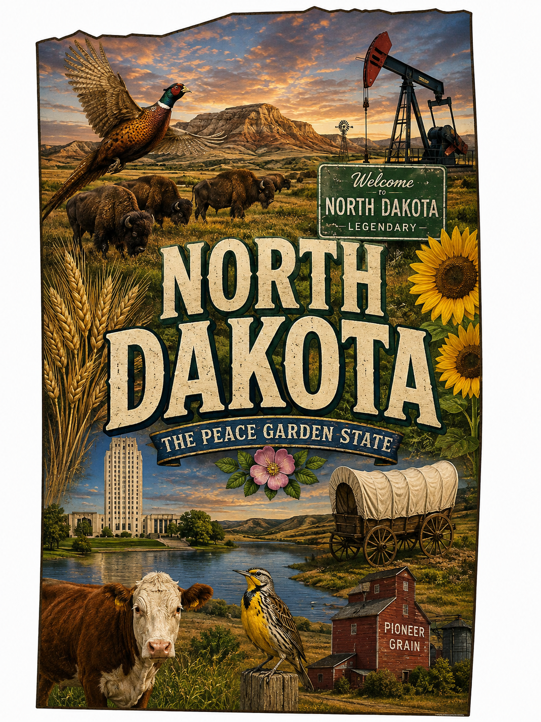 Print Ready North Dakota Peace Garden State Door Hanger – North Dakota Landmarks & Prairie Sign – Full Color MDF Front Door Decor