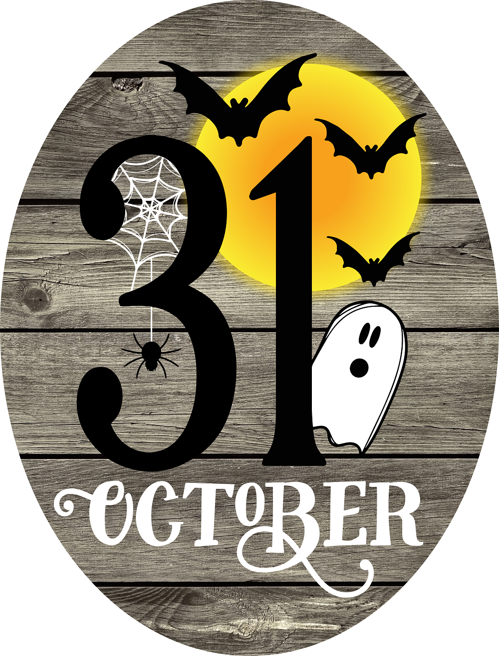 Print Shop Oval MDF Cutout 31 October Halloween Scene With Bats, Ghost, And Spider Web