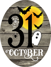 Print Shop Oval MDF Cutout 31 October Halloween Scene With Bats, Ghost, And Spider Web