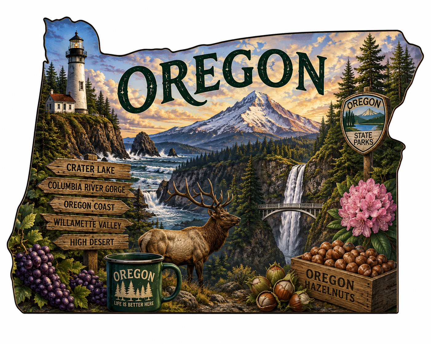 Print Ready Oregon Beaver State Door Hanger – Oregon State Landmarks & Scenic Pride Sign – Full Color MDF Front Door Decor