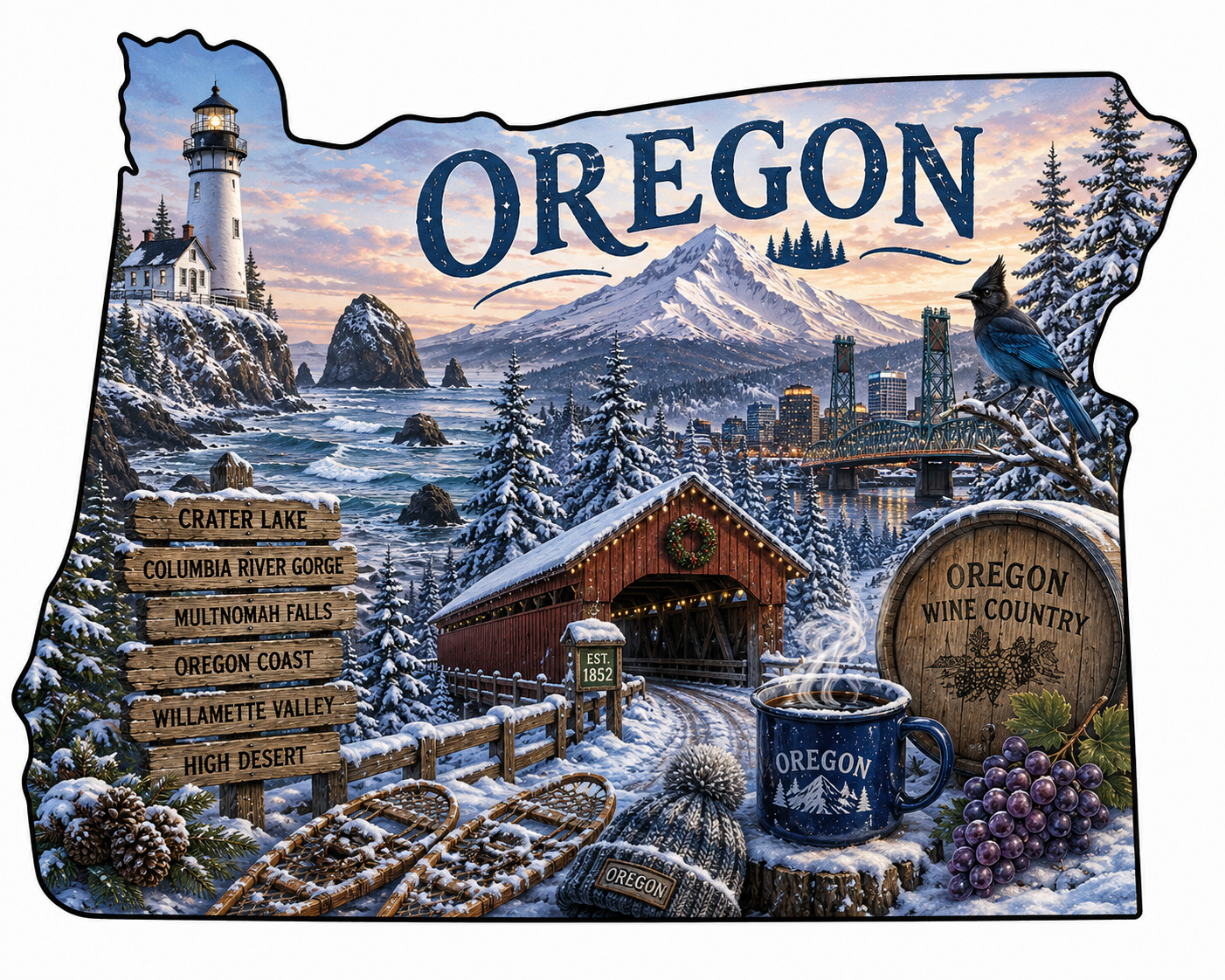 Print Ready Oregon Winter Door Hanger – Oregon State Christmas & Winter Scene – Full Color MDF Front Door Decor