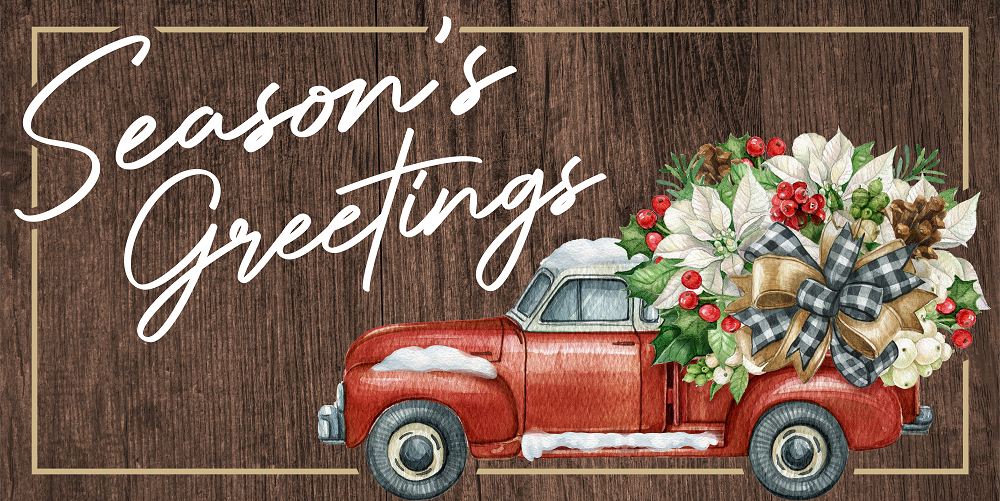 Print Shop Rectangle MDF Cutout Seasons Greetings Truck With Floral Wreath