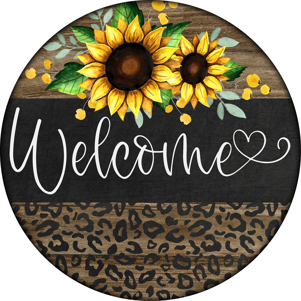 Print Shop Round MDF Cutout Welcome Sunflower Leopard Print