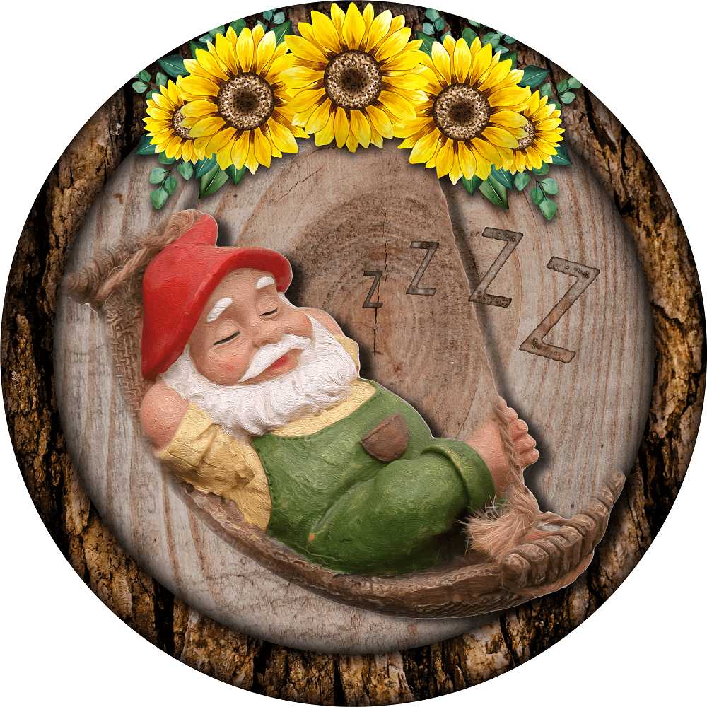 Print Shop Round MDF Cutout Sunflower Gnome On Swing With Flower Border