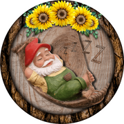 Print Shop Round MDF Cutout Sunflower Gnome On Swing With Flower Border