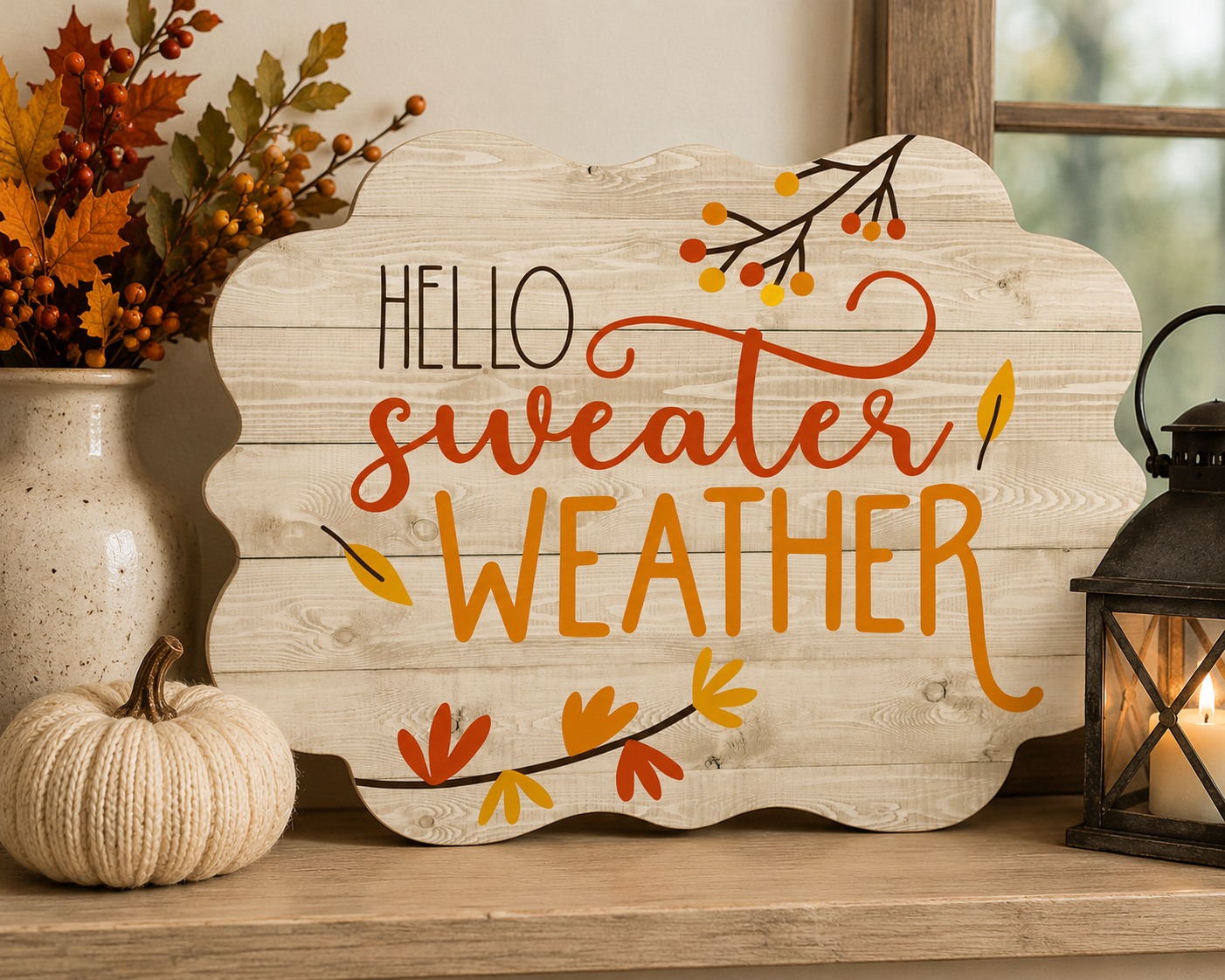 Print Shop Scalloped Plaque MDF Cutout Hello Sweater Weather