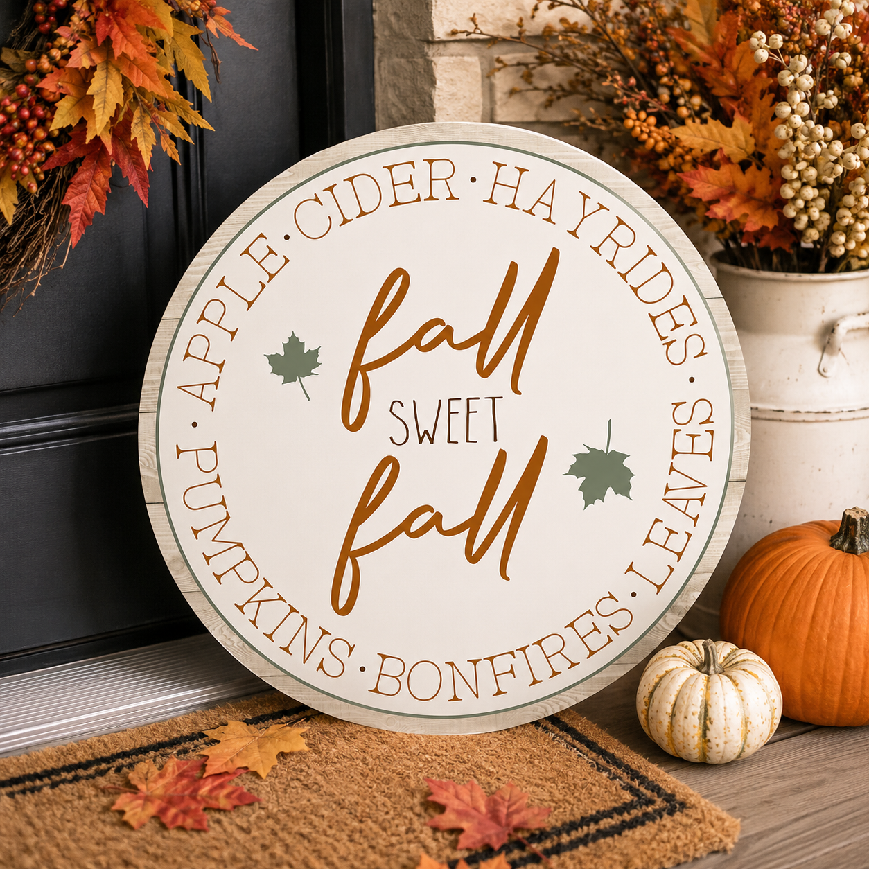 Print Shop Round MDF Cutout Fall Sweet Fall Sign With Autumn Leaves And Apples Cider Hayrides Bonfires