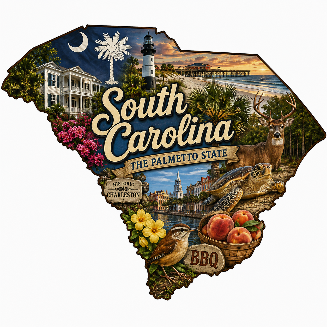 Print Ready South Carolina Palmetto State Door Hanger – South Carolina Landmarks & Coastal Pride Sign – Full Color MDF Front Door Decor