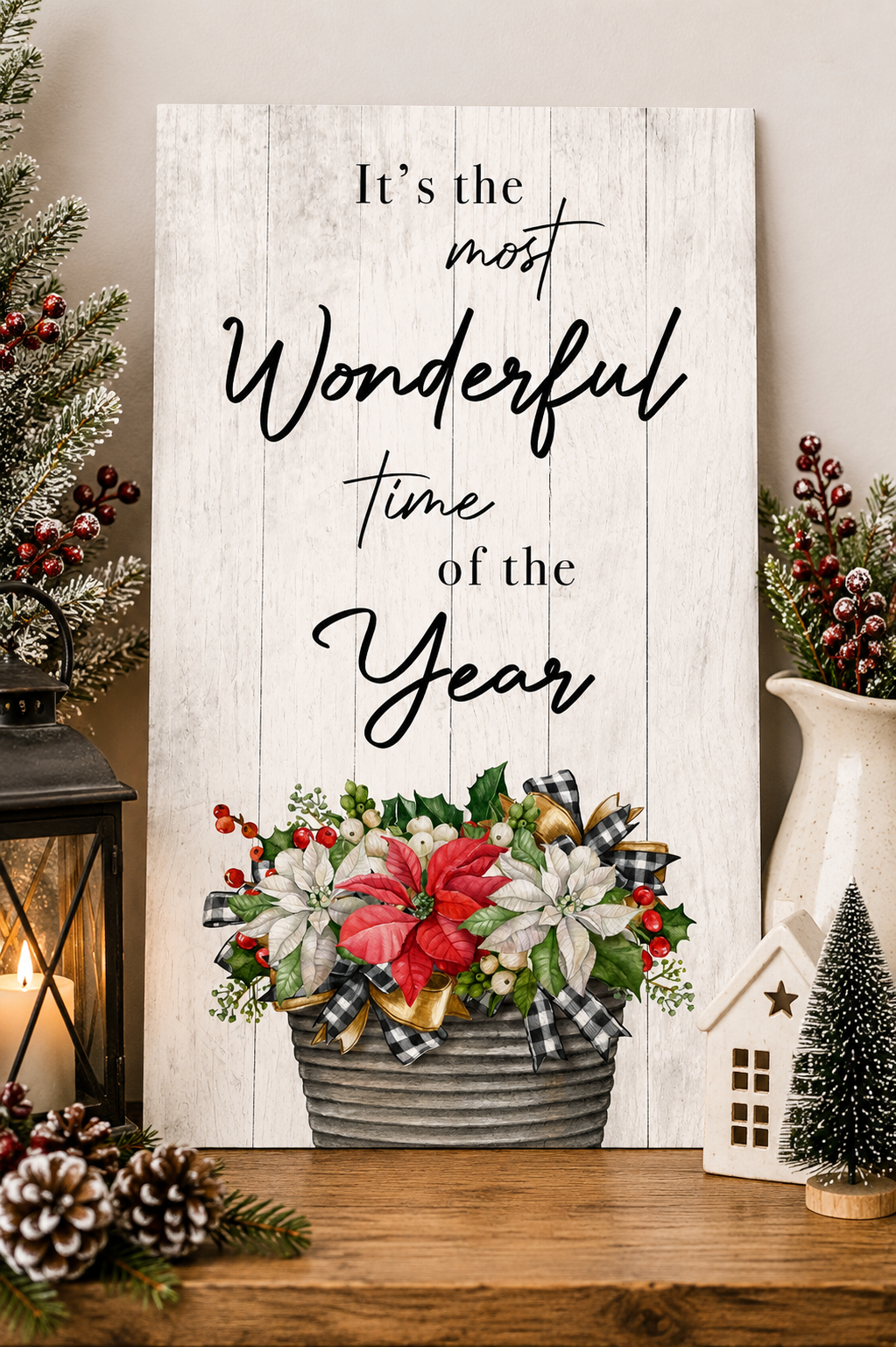 Print Shop Tall Rectangle MDF Cutout It's The Most Wonderful Time Of The Year Poinsettia Basket With Plaid Ribbon And Holly On White MDF Panel