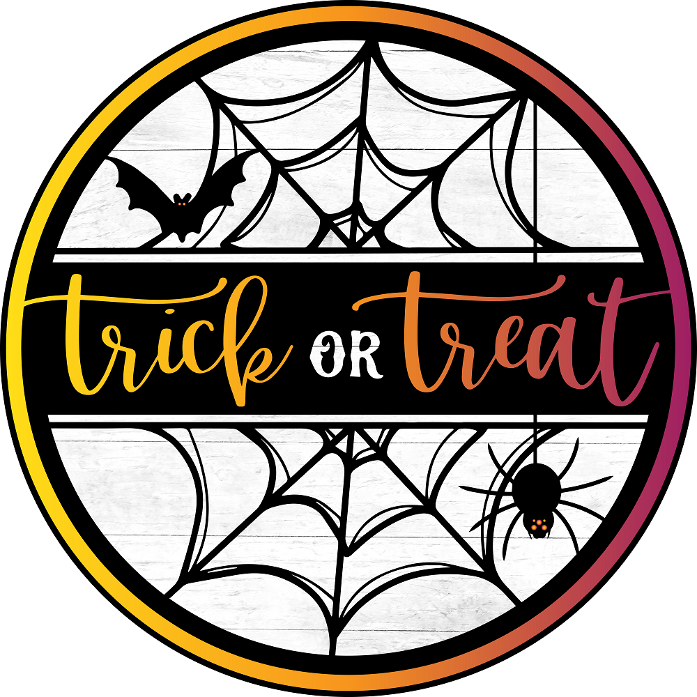 Print Shop Round MDF Cutout Trick Or Treat Spider Web And Bat