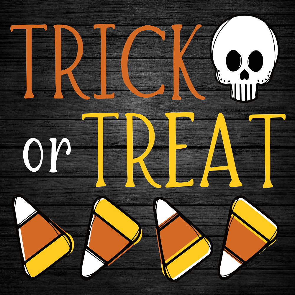 Print Shop Square MDF Cutout Trick Or Treat With Skull And Candy Corn
