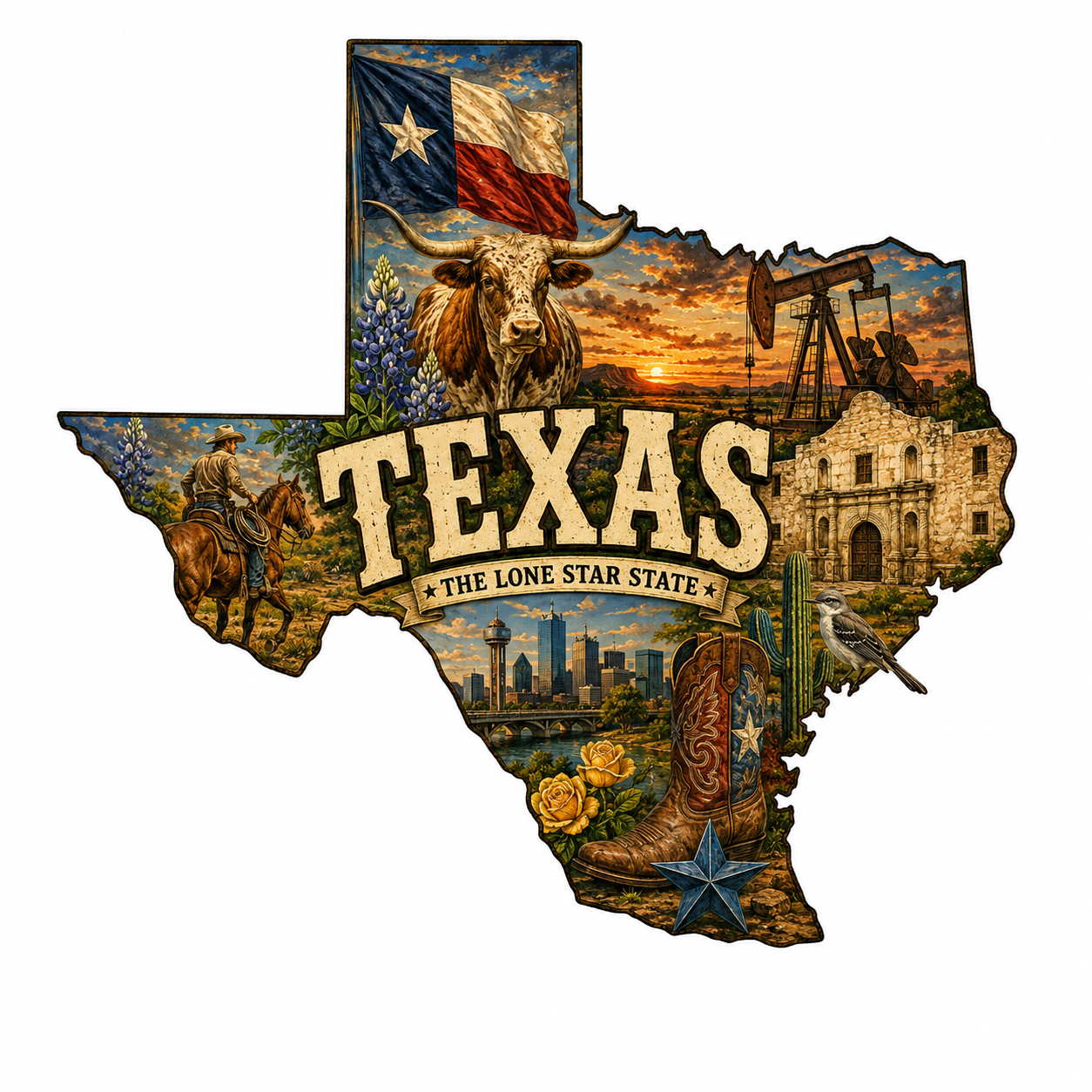 Print Ready Texas Lone Star State Door Hanger – Texas State Landmarks & Western Pride Sign – Full Color MDF Front Door Decor