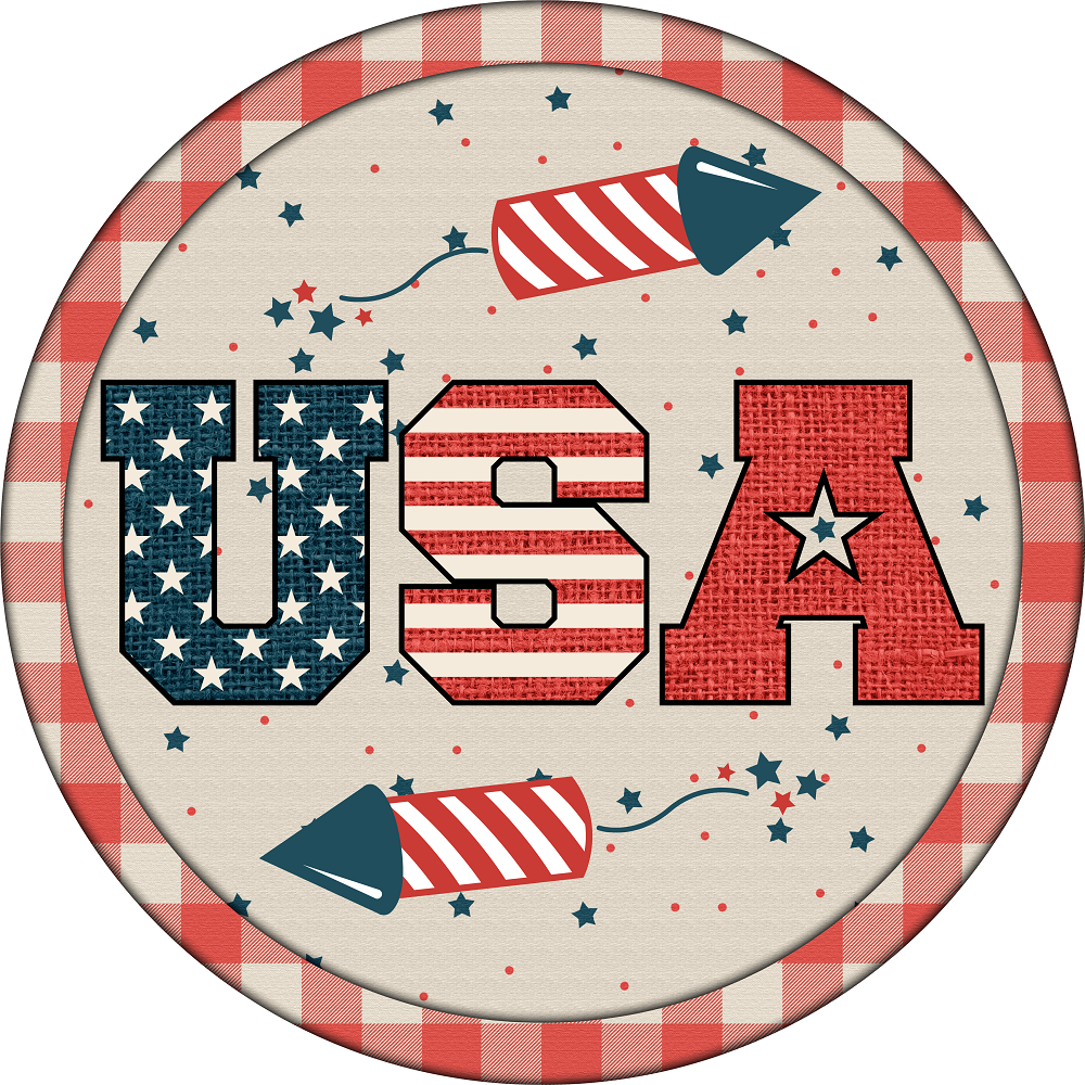 Print Shop Round MDF Cutout USA Letters With Flag Stripes And Fireworks