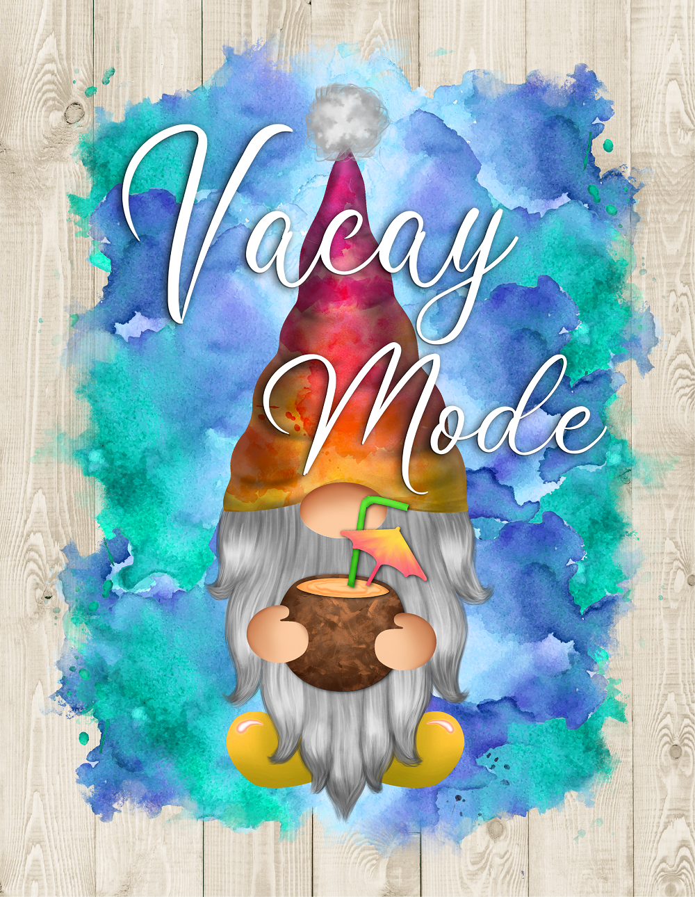 Print Shop Square MDF Cutout Vacay Mode Gnome With Coconut Drink