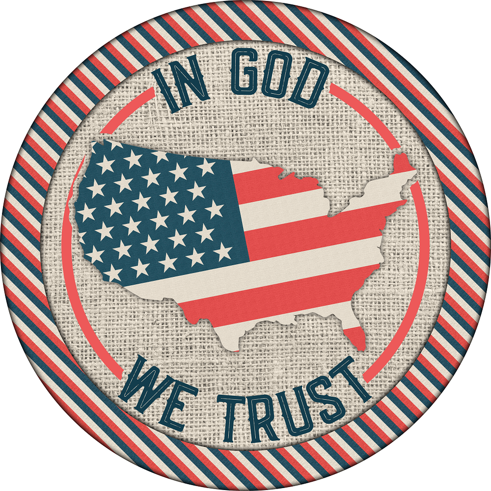 Print Shop Round MDF Cutout In God We Trust American Flag Map On Burlap Background