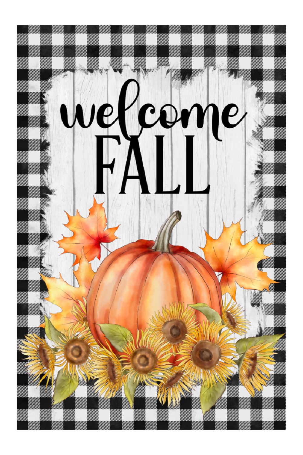 Print Shop Rectangle MDF Cutout Welcome Fall Pumpkin Sunflowers Autumn Leaves Plaid Border