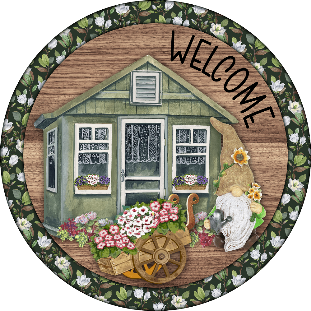Print Shop Round MDF Cutout Welcome With House Green Cottage Garden Gnome And Flower Wheelbarrow