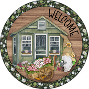 Print Shop Round MDF Cutout Welcome With House Green Cottage Garden Gnome And Flower Wheelbarrow
