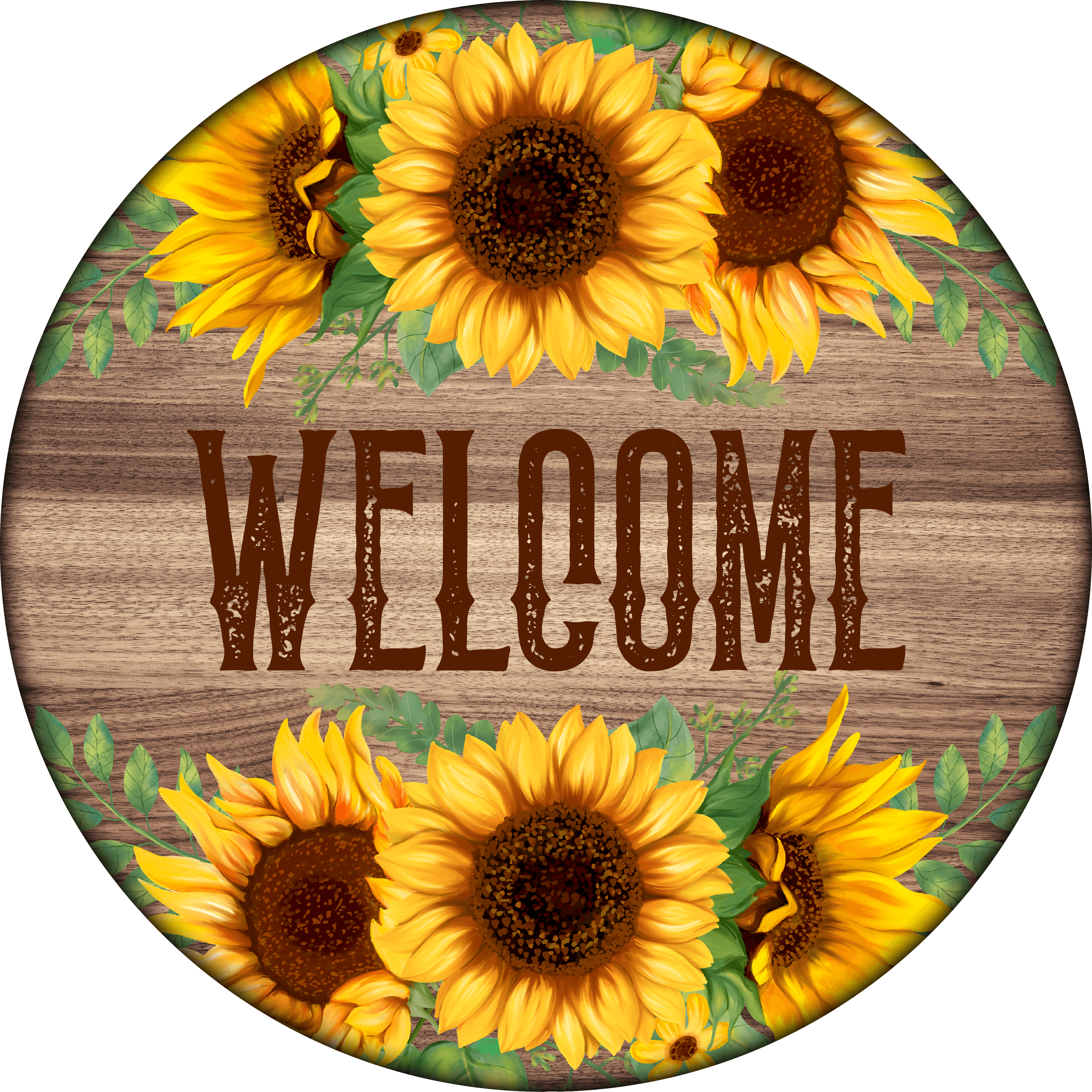 Print Shop Round MDF Cutout Welcome With Sunflowers