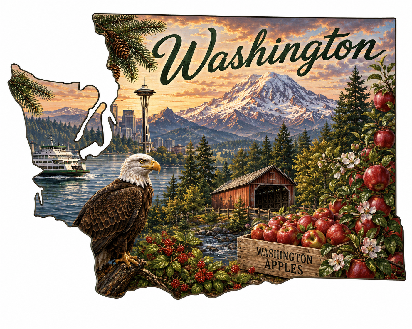 Print Ready Washington Evergreen State Door Hanger – Washington State Landmarks & Scenic Pride Sign – Full Color MDF Front Door Decor