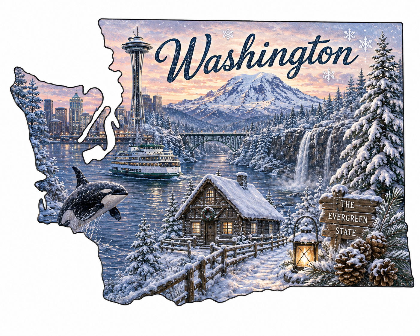 Print Ready Washington Evergreen State Winter Door Hanger – Washington State Christmas Sign – Full Color MDF Holiday Front Door Decor
