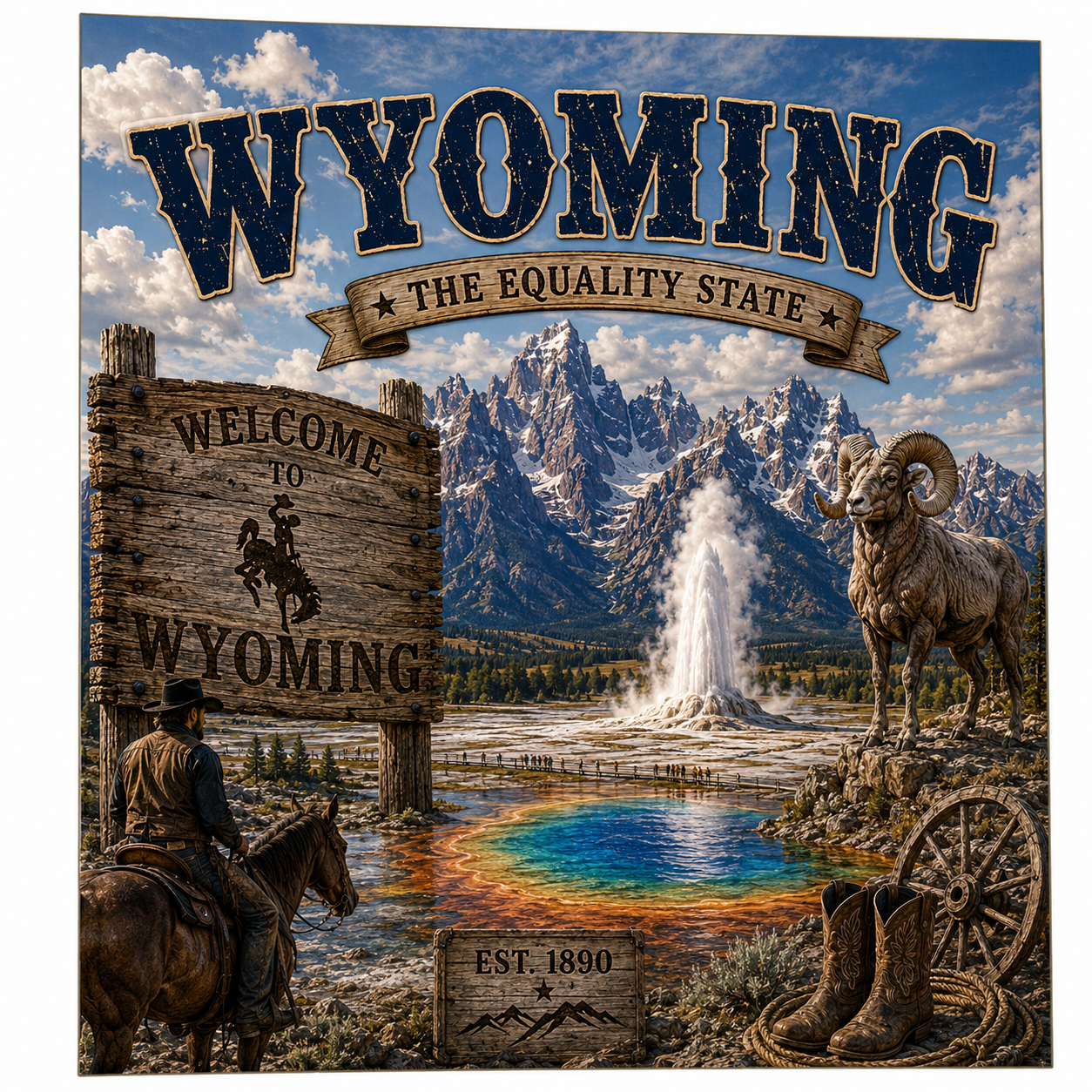 Print Ready Wyoming Door Hanger – Wyoming State Landmark Scene – Full Color MDF Front Door Decor