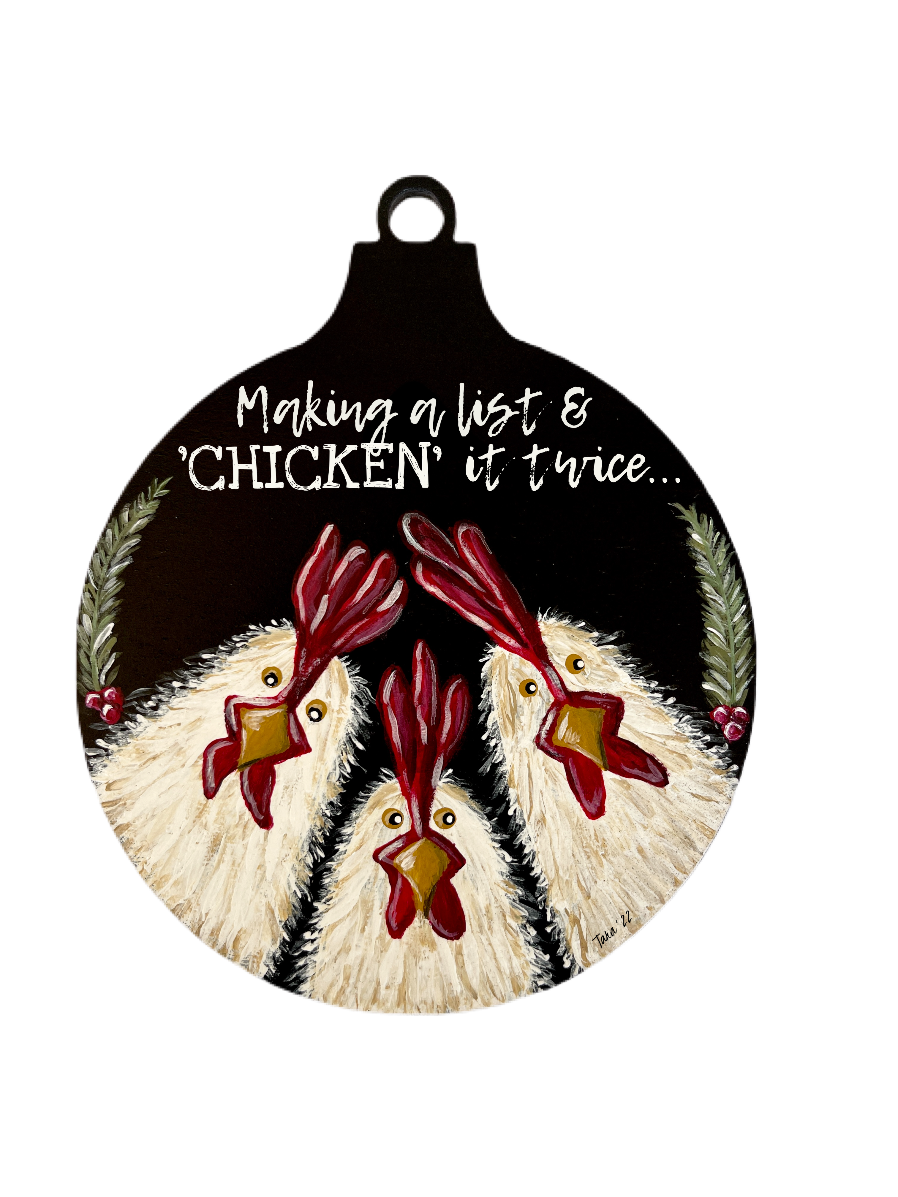 RED COLONY TREE FARM ORNAMENT WITH CHICKENS CHECKING IT TWICE