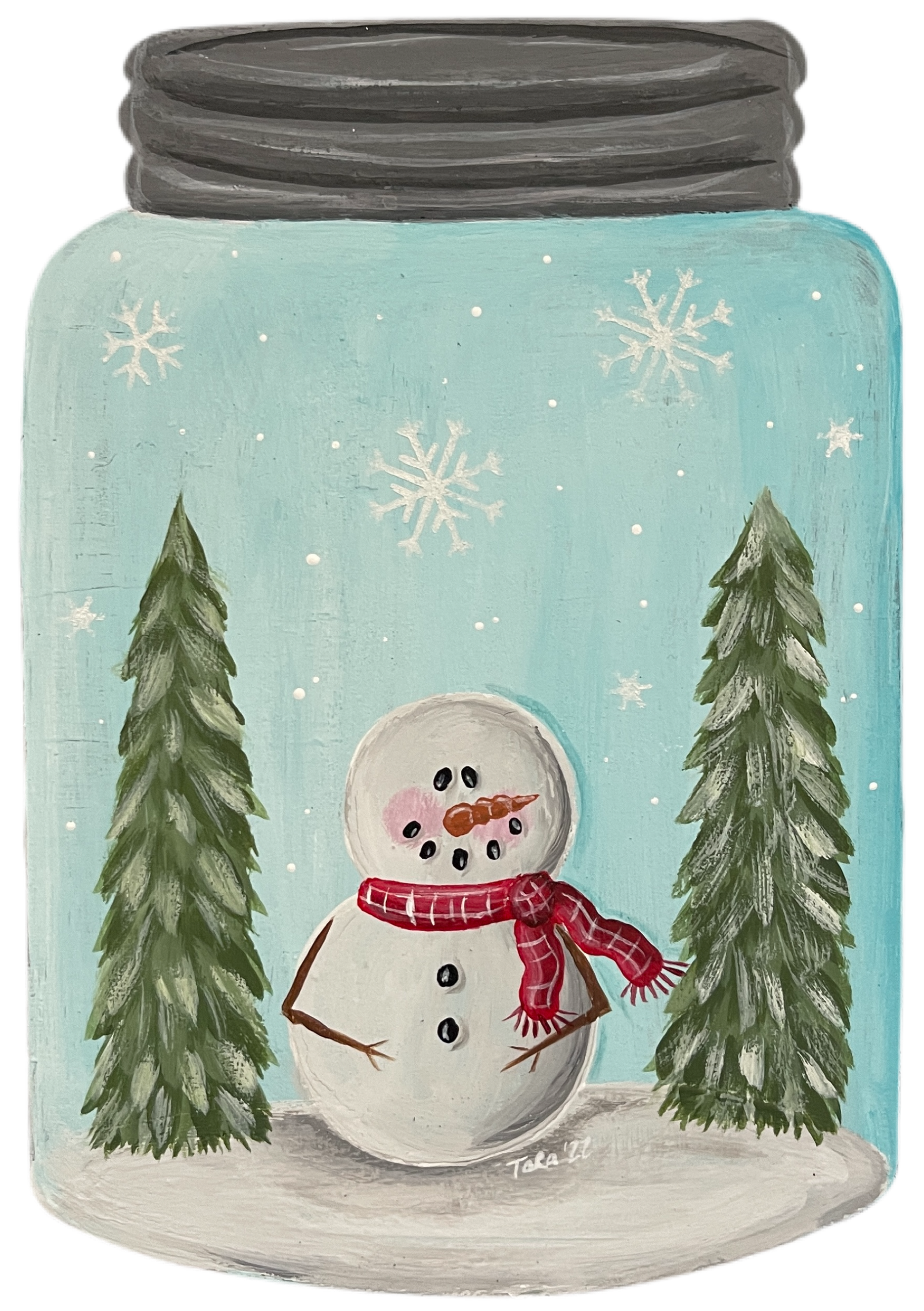 RED COLONY TREE FARM MASON JAR WITH SNOWMAN AND TREES