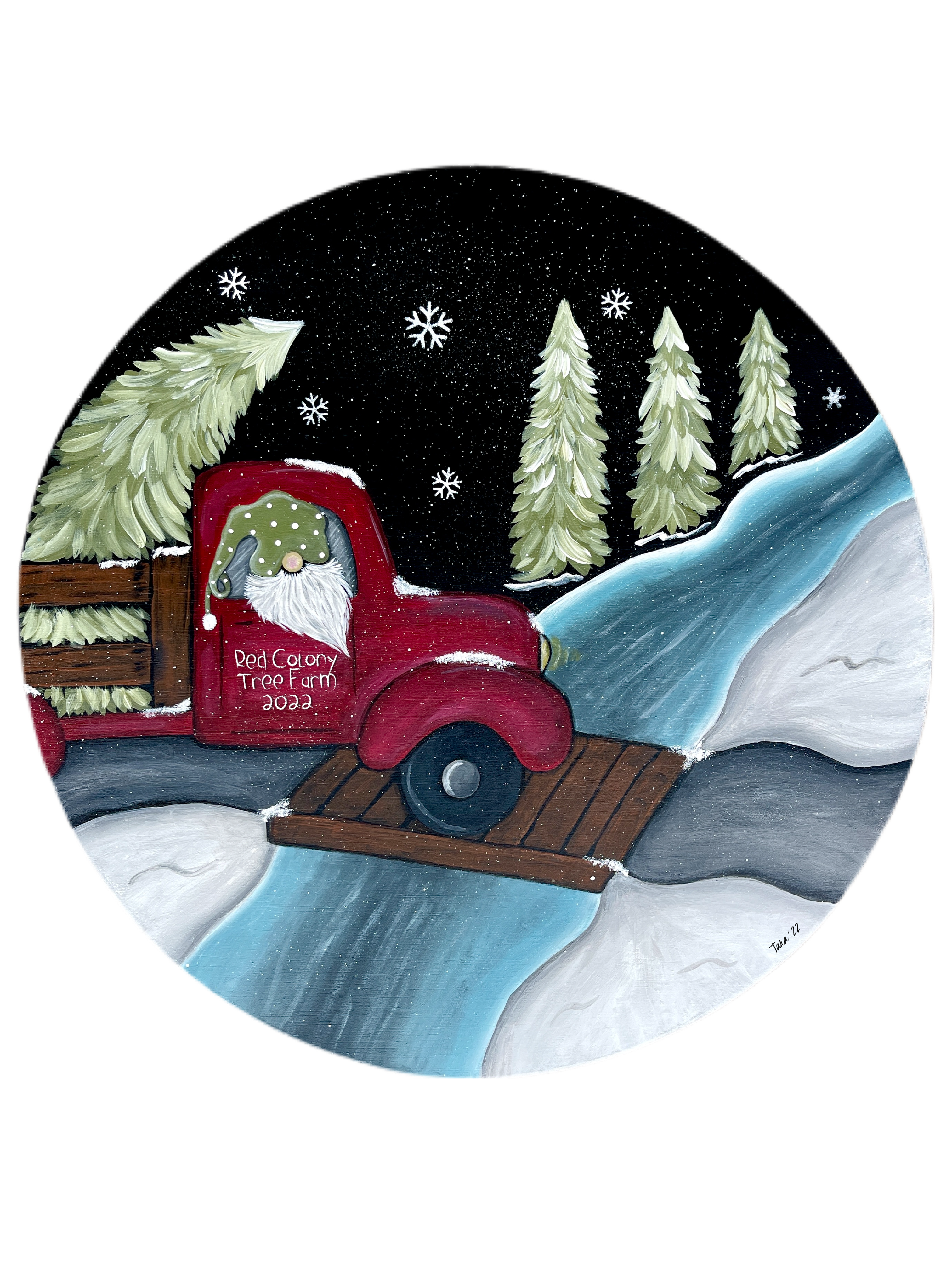 RED COLONY TREE FARM CIRCLE WITH GNOME IN TRUCK CROSSING BRIDGE