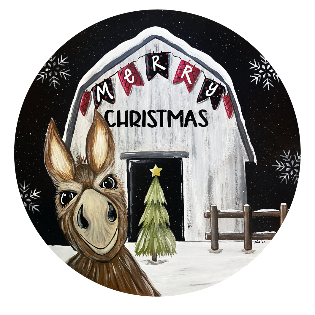 RED COLONY TREE FARM MERRY CHRISTMAS BARN WITH DONKEY