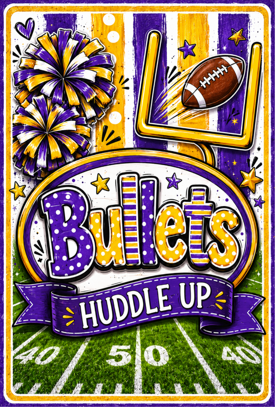 RICHELLA HOTARD  BULLETS HUDDLE UP IN PURPLE AND YELLOW WITH FOOTBALL