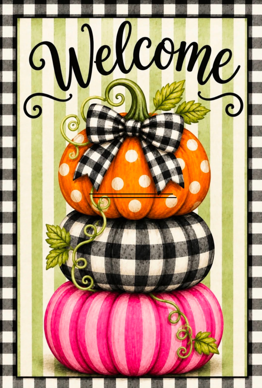 RICHELLA HOTARD GREEN CREAM STRIPE PINK BLACK AND ORANGE PUMPKINS STACKED BLACK AND WHITE BOW WELCOME