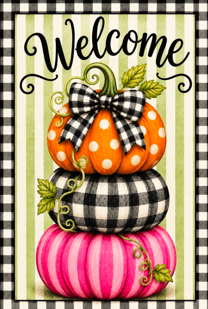 RICHELLA HOTARD GREEN CREAM STRIPE PINK BLACK AND ORANGE PUMPKINS STACKED BLACK AND WHITE BOW WELCOME