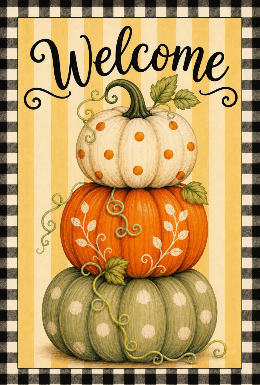 RICHELLA HOTARD YELLOW CREAM STRIPE SAGE ORANGE AND WHITE PUMPKIN STACKED WELCOME