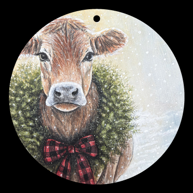RiOak WESTERN DESIGN CHRISTMAS COW WITH A WREATH AROUND THE NECK AND RED AND BLACK BOW