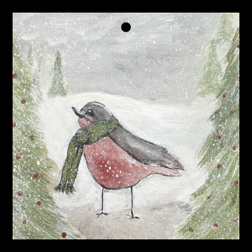 RiOak WESTERN DESIGN BIRD WITH RED BELLY AND GREEN SCARF OUT ON THE SNOW