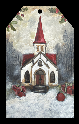 RiOak WESTERN DESIGN CHURCH WITH RED ROOF AND RED PRESENTS ON THE GROUND