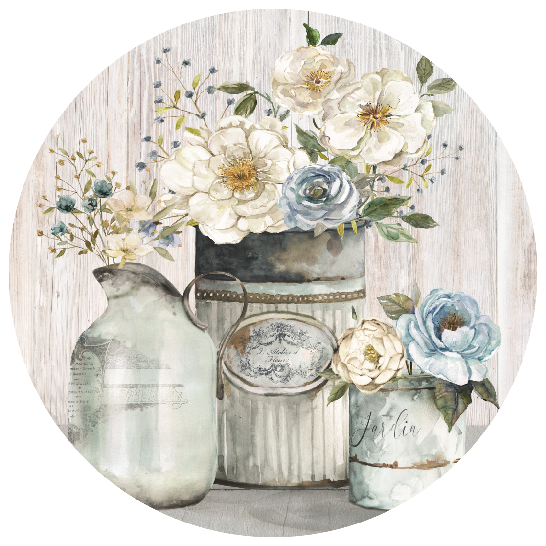 PAULA  GRAFSTEIN WHITE BLUE FLOERS IN A RUSTIC CONTAINERS