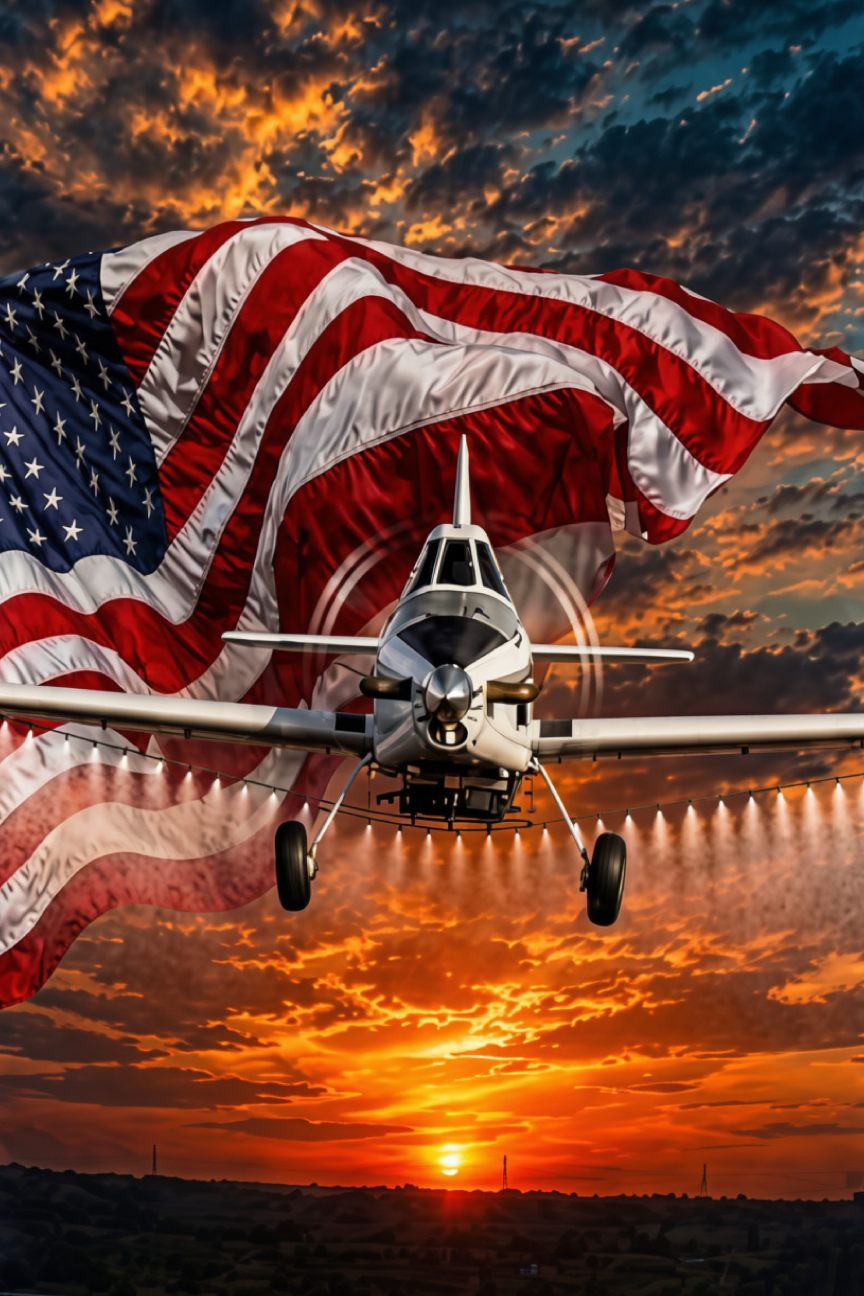 Stephanie Heyen AMERICAN FLAG WITH WHITE PLANE FLYING IN FRONT OF IT
