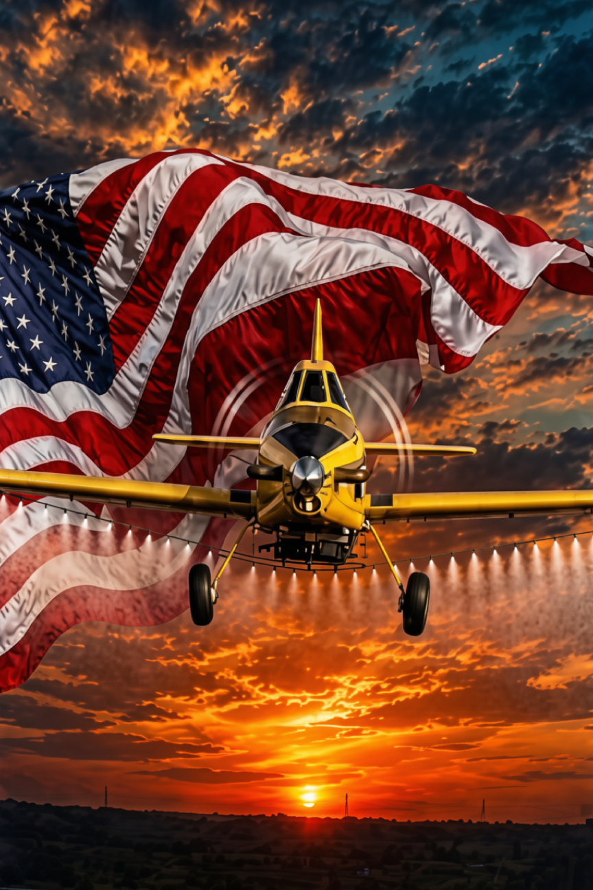 Stephanie Heyen AMERICAN FLAG WITH YELLOW PLANE FLYING IN FRONT OF IT