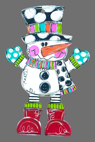 Stacey Phillips SNOWMAN WITH BLACK HAT AND WHITE CIRCLES RED BOOTS COLORFUL SCARF