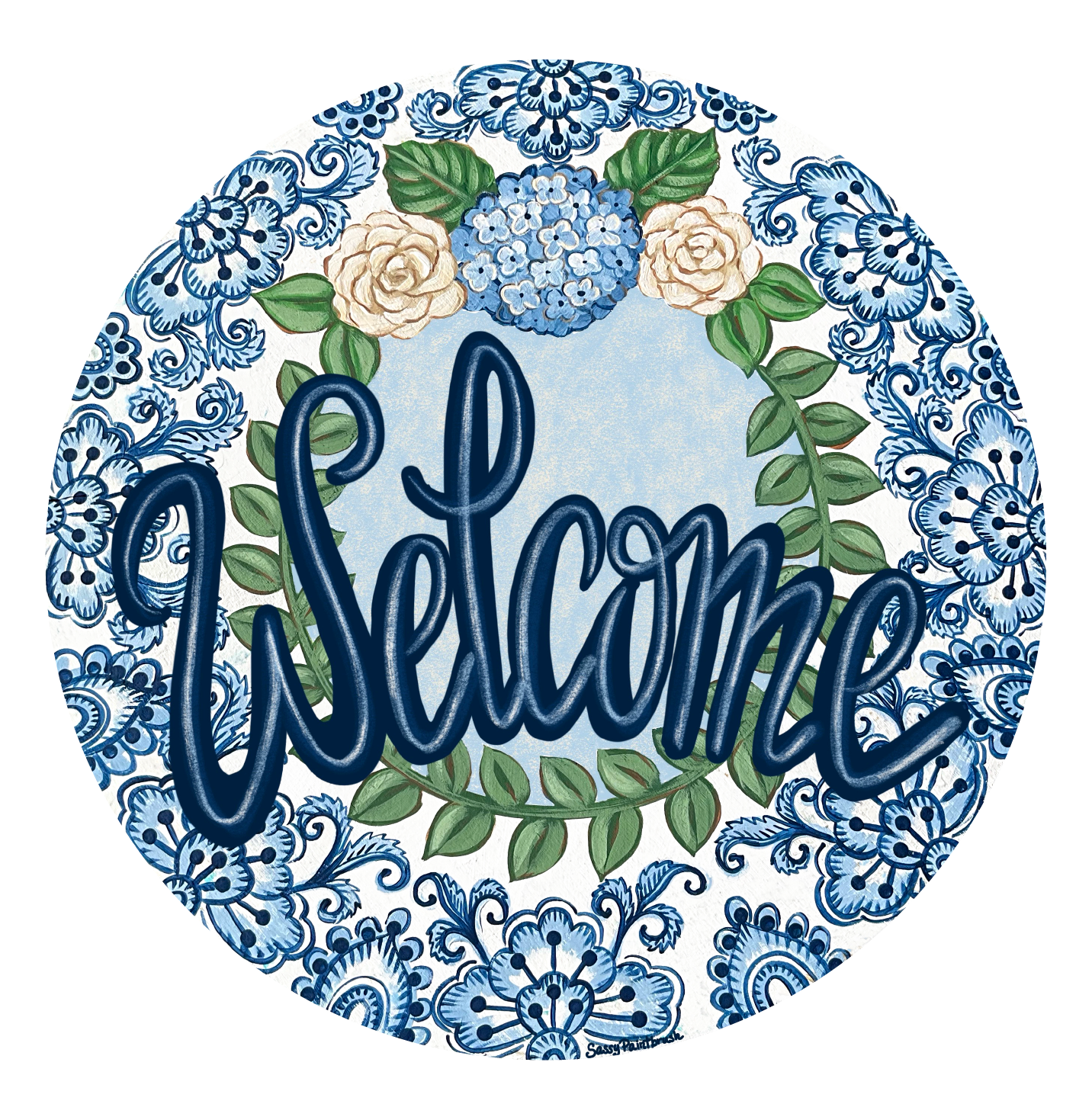 SASSY PAINTBRUSH CIRCLE WITH BLUE WELCOME AND HYDRANGEA