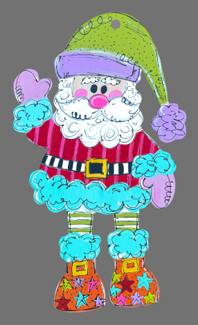 Stacey Phillips SANTA WITH ORANGE BOOTS AND COLORFUL STARS GREEN AND PURPLE HAT
