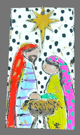Stacey Phillips COLORFUL NATIVITY SCENE BACKGROUND WHITE WITH BLACK DOTS