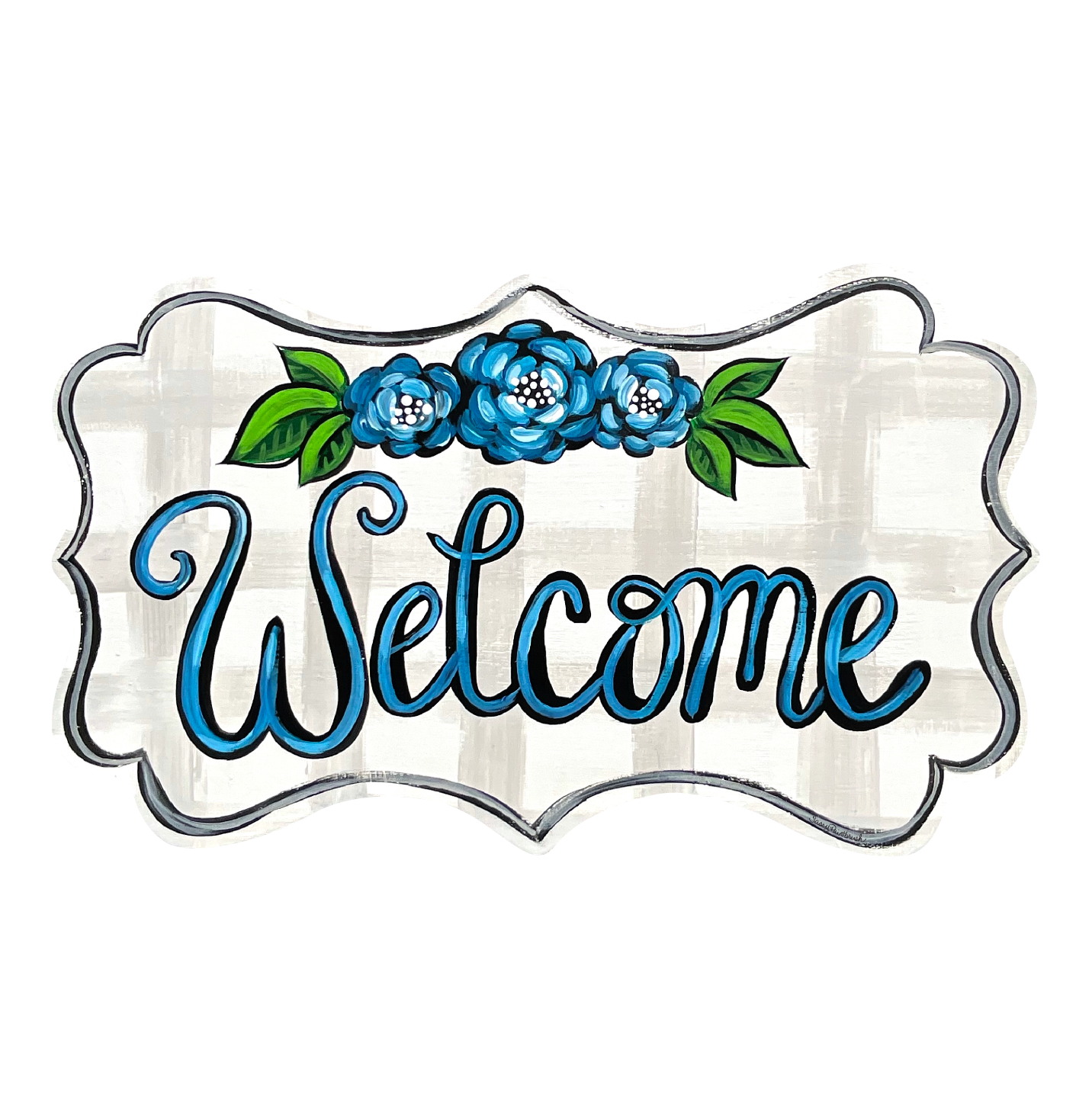 SASSY PAINTBRUSH WELCOME PLAQUE WITH BLUE FLOWERS