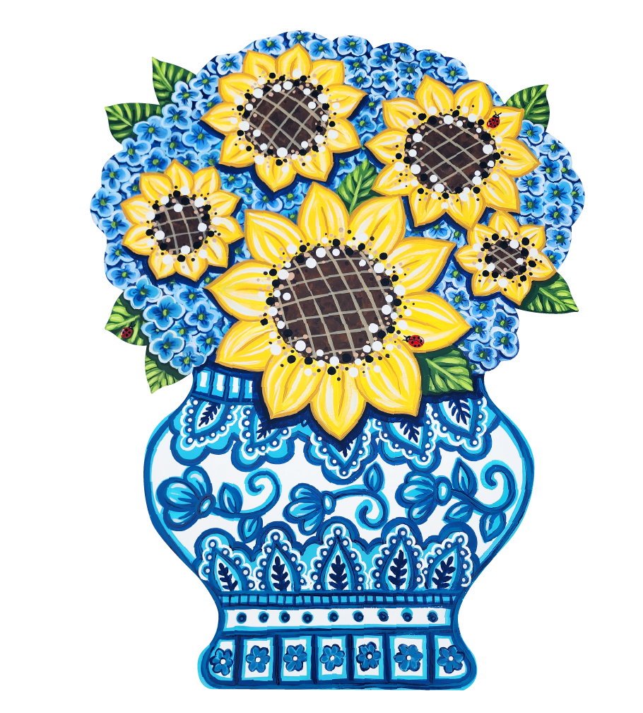 SASSY PAINTBRUSH SUNFLOWERS IN GINGER JAR