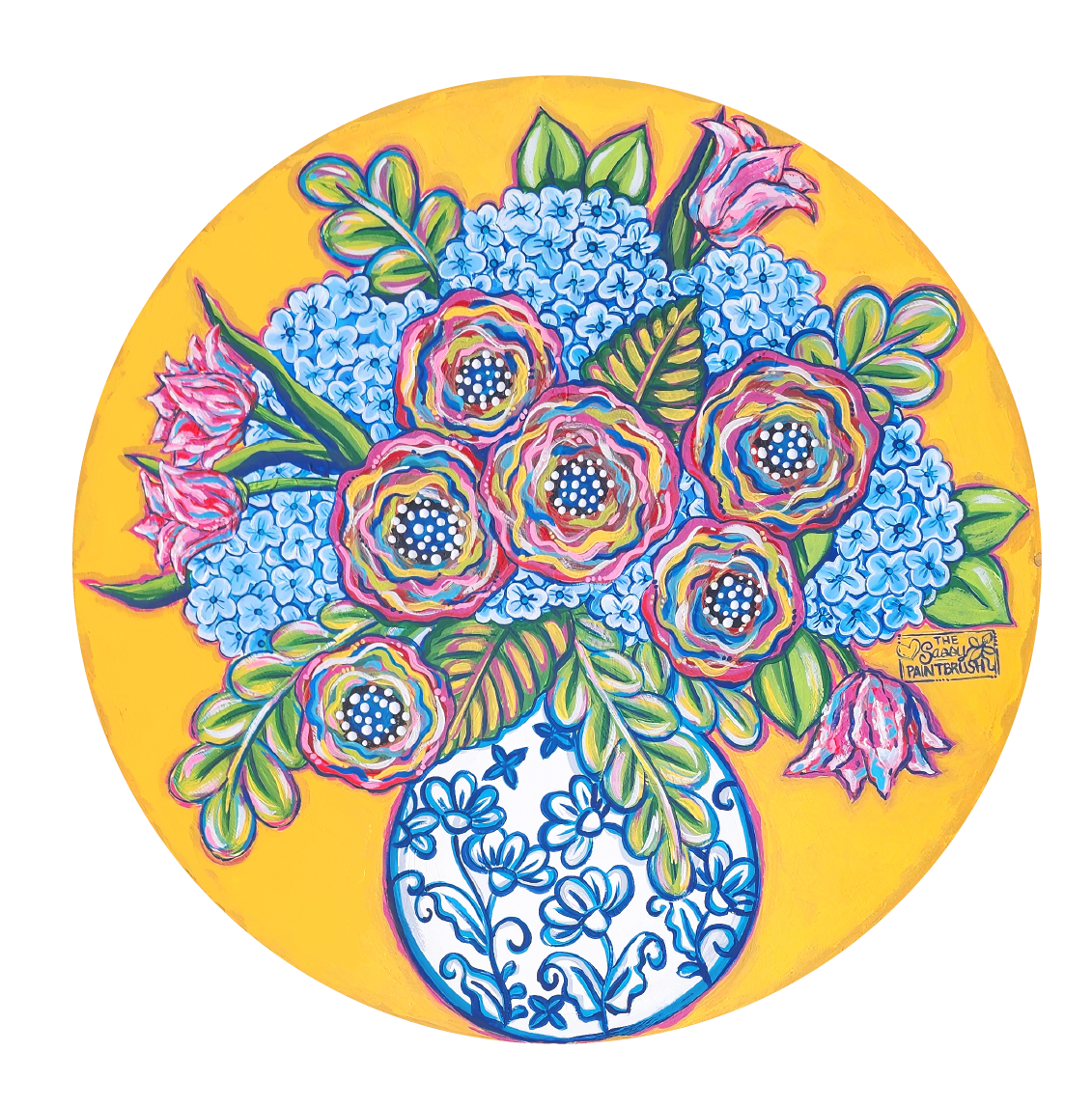 SASSY PAINTBRUSH PINK AND BLUE FLOERS IN VASE