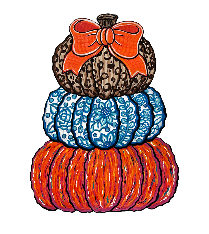 SASSY PAINTBRUSH STACKED PUMPKINS WITH ORANGE BOW